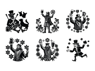 Traditional Irish celebration with leprechauns holding beer and playing bagpipes silhouette isolated on white background