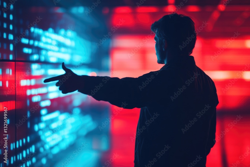 Poster a person studying information displayed on a wall screen