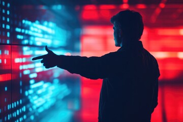 A person studying information displayed on a wall screen