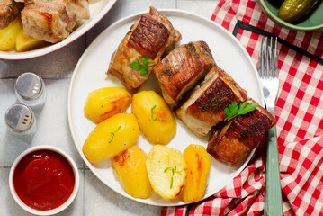pork ribs with potatoes.selective focus.top veiw.