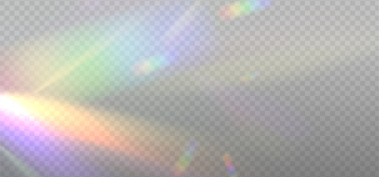 Iridescent crystal leak glare reflection effect. Optical rainbow ray lights, glare, leak, streak overlay. Vector colorful lenses and light flares with transparent effects on light background.