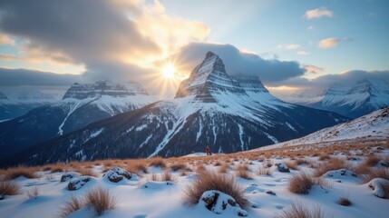 Mountain meadow covered in first snowfall of winter, delicate white flakes dusting golden grass, soft sunlight breaking through gray clouds, a serene seasonal transition.