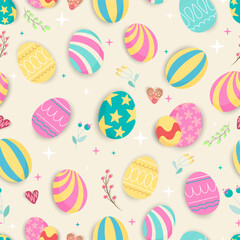 Easter eggs, flowers, hearts, stars, Easter holiday, Holy Resurrection, seamless pattern