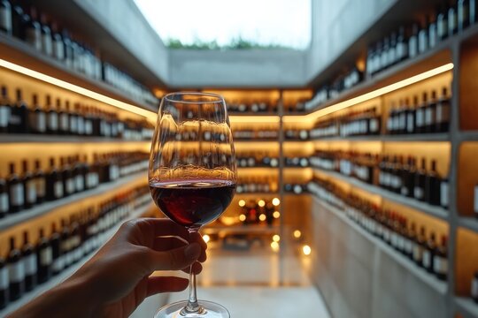 Sommelier holding glass of red wine in modern wine cellar