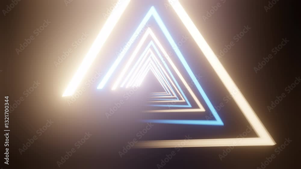 Poster abstract geometric background with colorful glowing neon triangles appear, flight forward inside the