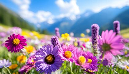 Vibrant wildflowers bloom in a sunny alpine meadow set against a backdrop of majestic mountains