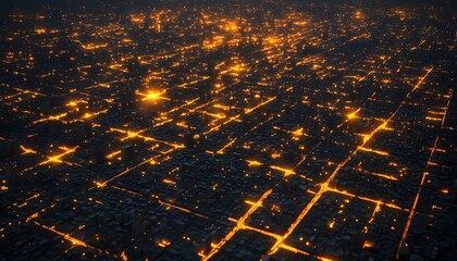 Aerial View of Urban Cityscape at Night with Bright Illuminated Streets