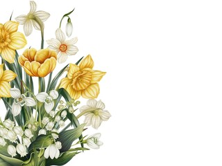 Illustration banner template with bouquet of yellow and white flowers. Watercolor primroses. Floral print for card. Daffodils, lilies of the valley, snowdrops, tulips. Frame of spring flowers