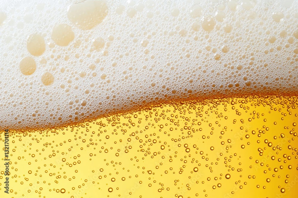 Poster close-up of beer foam showing bubbles on yellow background