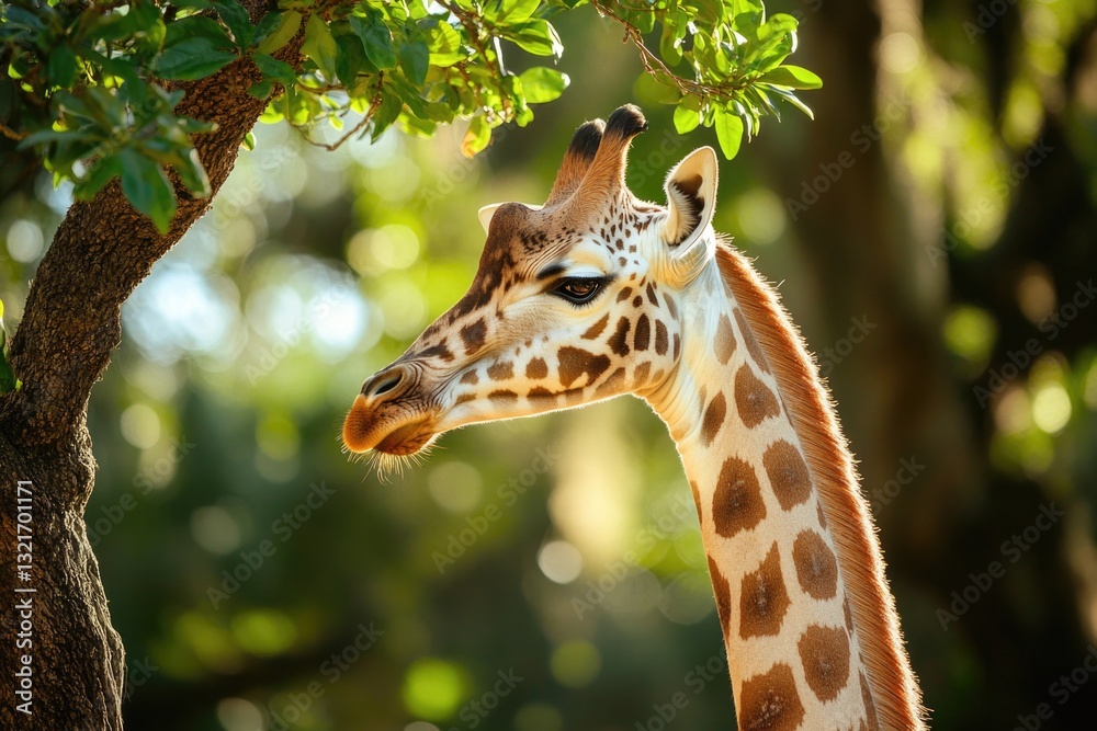 Poster a giraffe stands next to a tree in a dense forest