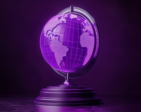 Against a dark background, a radiant purple orb stands for global connectivity