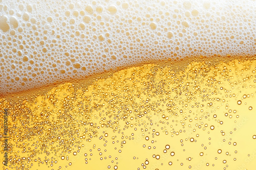 Aufkleber close-up of beer foam creating bubbles on a golden yellow background