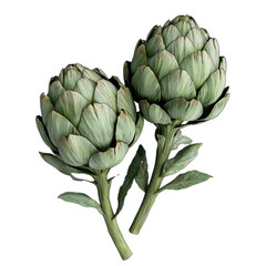 Fresh Artichokes with Green Leaves Freshly Harvested on White Background