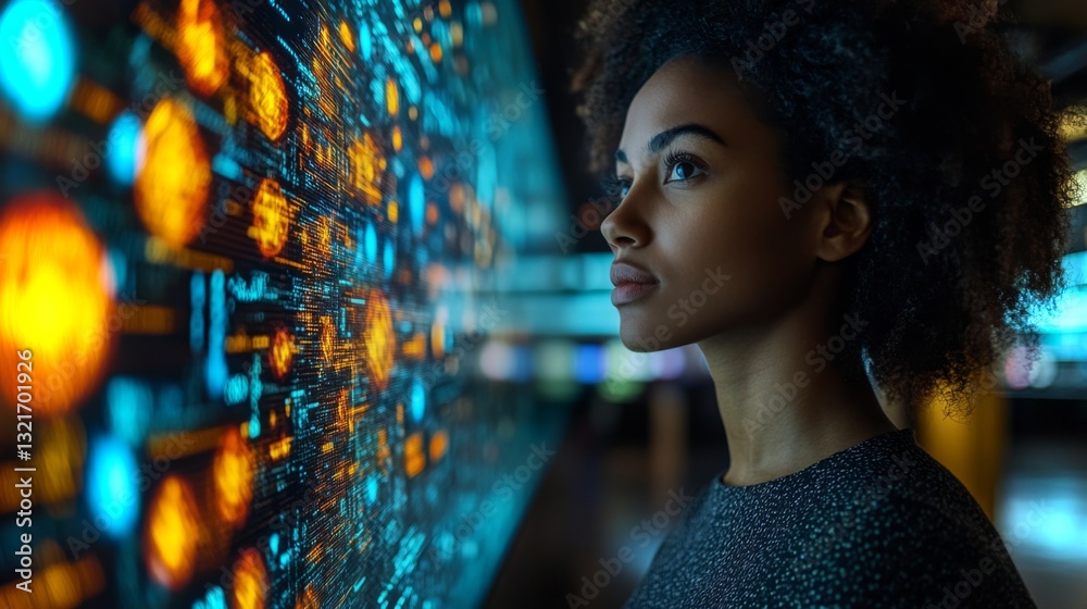 Aufkleber A person observes digital representations of quantum concepts and neural networks, immersed in a high-tech environment focused on algorithm optimization and data processing.