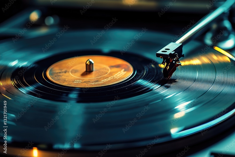 Poster a detailed view of a vinyl record spinning on a turntable, suitable for use in music or nostalgia-th