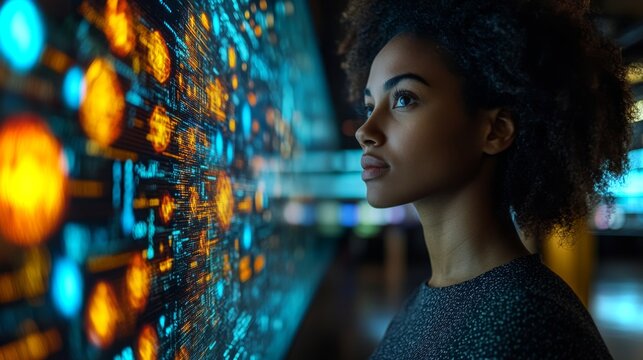 A person observes digital representations of quantum concepts and neural networks, immersed in a high-tech environment focused on algorithm optimization and data processing.