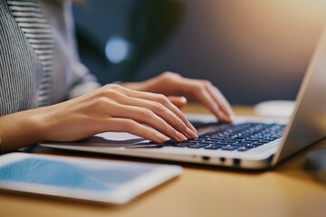 Woman working from home typing on laptop keyboard