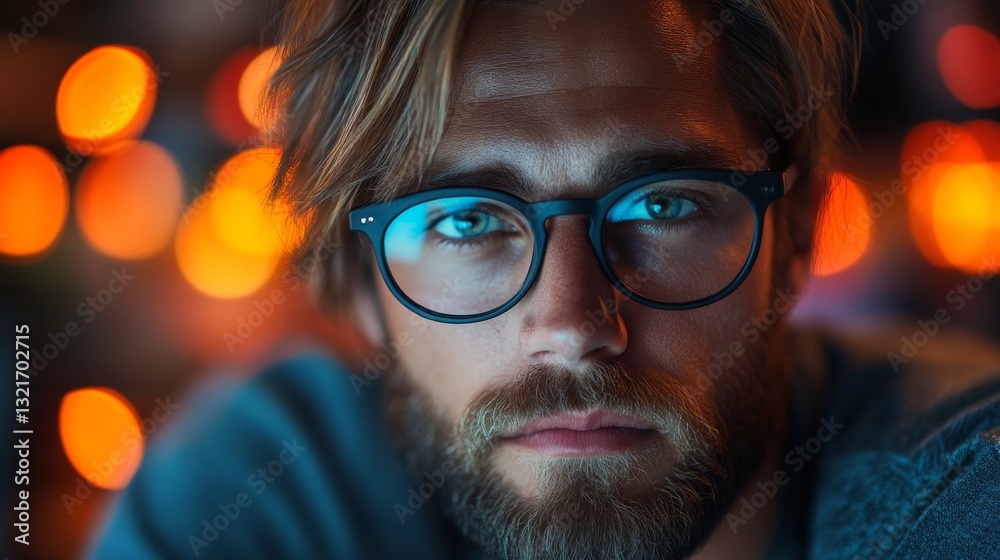 Poster A contemplative individual with glasses engages in deep analysis, contemplating the concepts of quantum computing and machine learning, surrounded by warm lights.