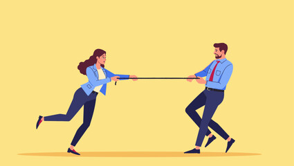 Woman Pulling Reluctant Man Forward with Rope, Encouraging Him to Take Action