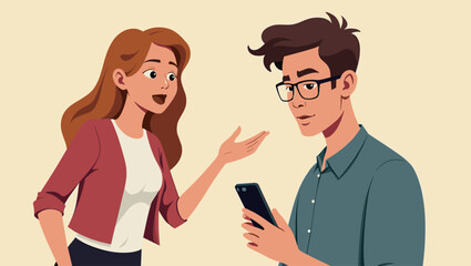 Woman trying to get the attention of a man engrossed in his smartphone, highlighting modern social dynamics