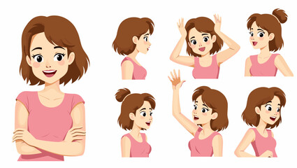 Woman expressing range of emotions through facial expressions and body language