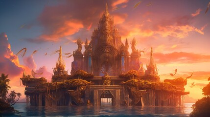 Fototapeta premium Surreal Junkanoo inspired sky temple floating above Nassau vibrant geometric pattern fused Bahamian folklore motif glowing coral stone pillar floating cowbell chime tropical cloud sunset ultra