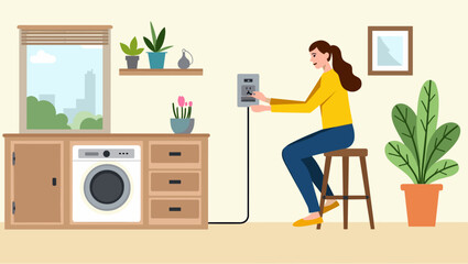 Woman Unplugging Appliances to Save Energy in Eco-Friendly Home