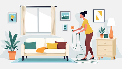 Woman Unplugging Household Devices to Save Energy at Home