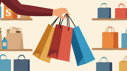 Woman's Hand Rejecting Shopping Bags with Sale Products in Retail Store