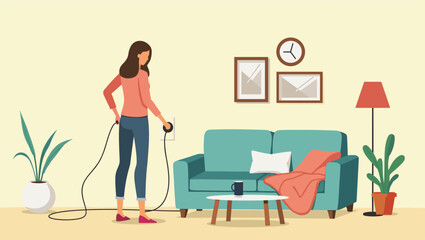 Woman Unplugging Household Devices to Save Energy at Home
