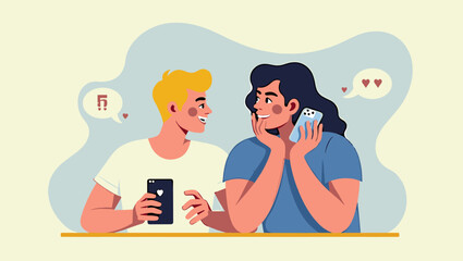 Young Couple Chatting and Flirting via Mobile Dating App on Smartphones