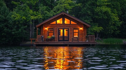 Obraz premium Serene Lakeside Log Cabin at Dusk