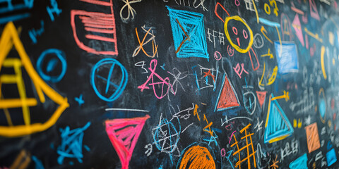 Colorful Chalkboard with Abstract Geometric Shapes and Doodles | Creative Chalkboard with Vibrant Colorful Chalk Drawings | Educational Chalkboard Background with Geometric and Artistic Shapes

