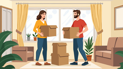 Young couple unpacking boxes in their new apartment living room, starting a new chapter together