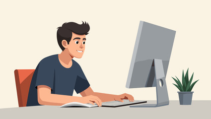 Young Man Studying Online on Desktop Computer