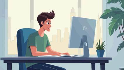 Young Man Studying Online on Desktop Computer