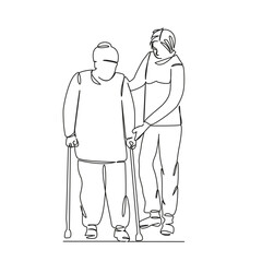 One continuous single drawing line art flat doodle woman, doctor, nurse, support, care, walking, senior. Isolated image hand draw contour on a white background, hand drawn, not AI