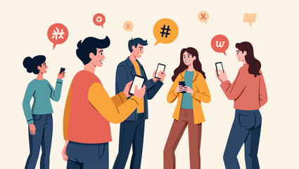 Youngsters actively sharing trending hashtags on social networks via mobile