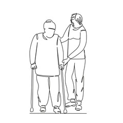 One continuous single drawing line art flat doodle woman, doctor, nurse, support, care, walking, senior. Isolated image hand draw contour on a white background, hand drawn, not AI