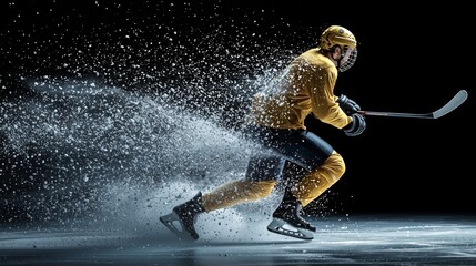 Young male hockey player, on the ice in uniform, close-up. Professional sports concept.