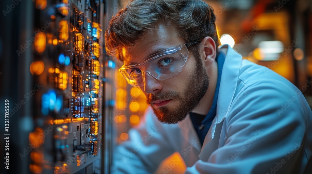 Poster A scientist wearing protective eyewear closely examines advanced quantum computing equipment. Bright circuitry lights illuminate the lab, creating a focused atmosphere for intricate experiments.