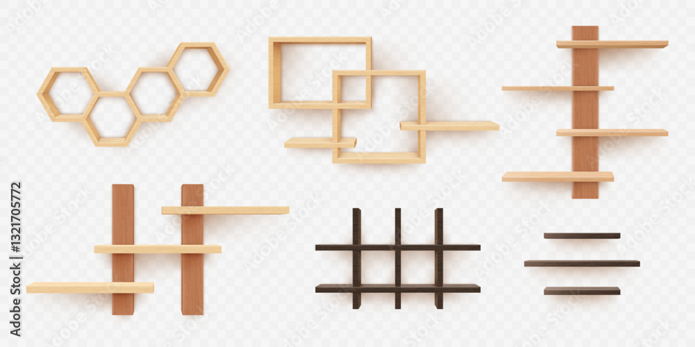 Poster wood shelf. 3d furniture. rack different shapes. shelves hanging on wall. book stand. wooden shelvin