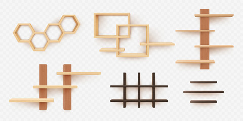 Wood shelf. 3D furniture. Rack different shapes. Shelves hanging on wall. Book stand. Wooden shelving. Realistic bookshelf. Hexagon and square frame. Vector isolated interior objects set © SpicyTruffel