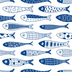 Cute blue sardine. Kids background. Sardines, salmon, tuna, tilapia. Vector set. Kids illustration.