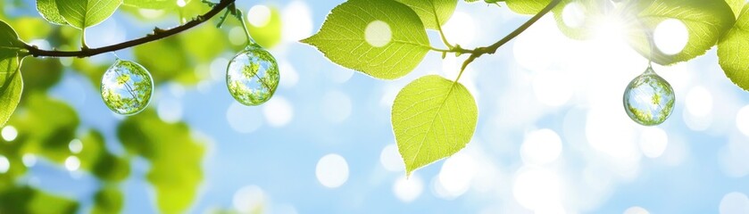 Dewdrops on leaves, sunny sky, spring nature