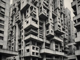 monochrome illustration of large dystopian brutalist style apartment buildings