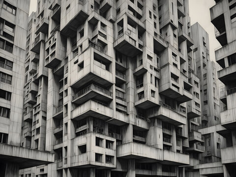 monochrome illustration of large dystopian brutalist style apartment buildings