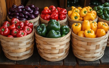 Vibrant vegetables in baskets are arranged beautifully at a local wholesale market for sale