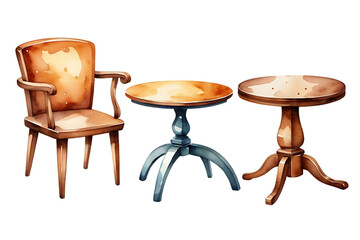 Chair and Tables Watercolor Painting Style Interior Design Illustration