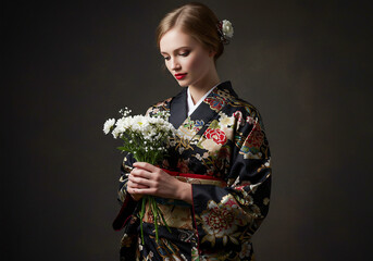 A white woman wearing a kimono holding a bouquet of flowers- traditional attire